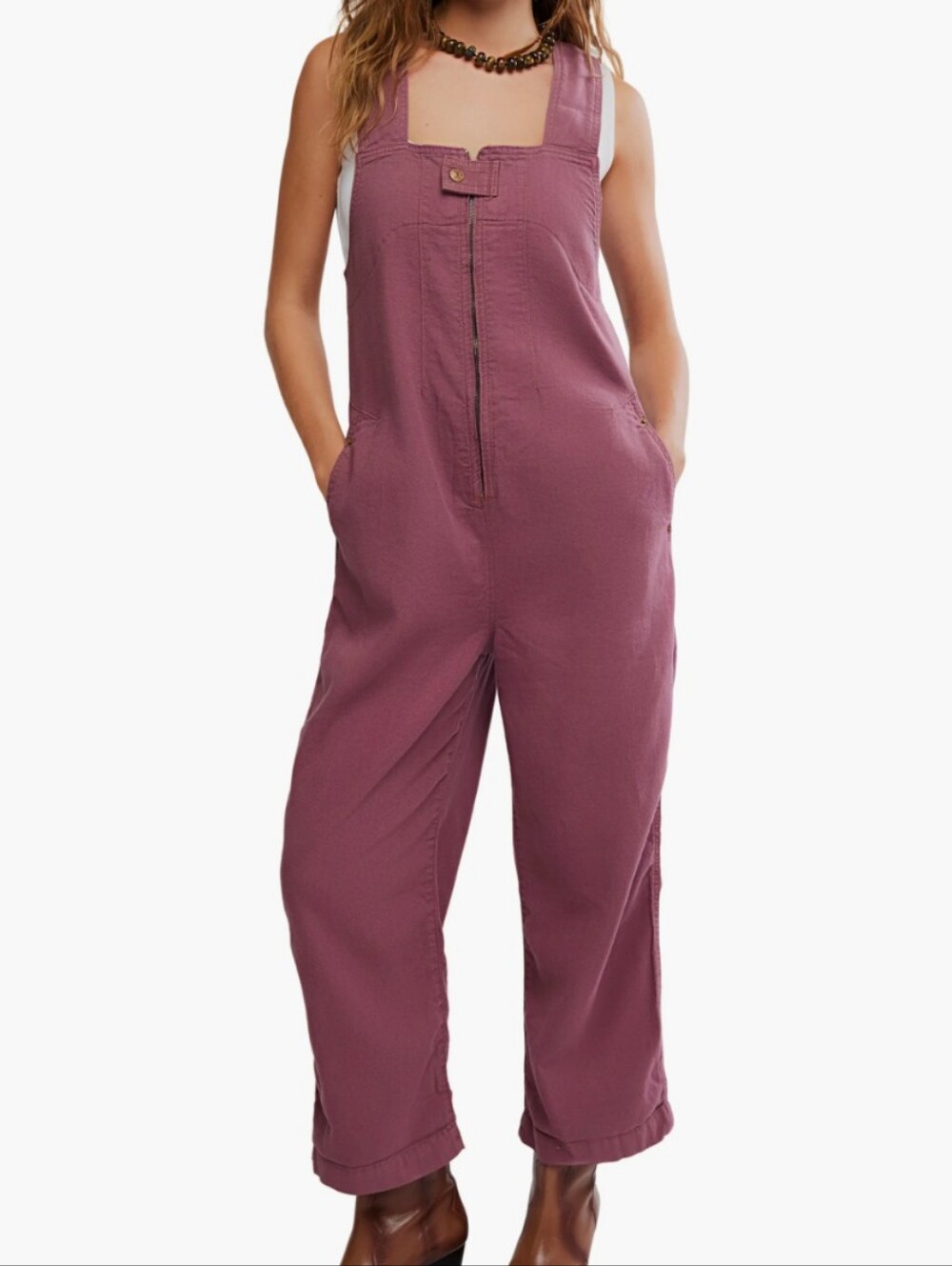 Free People Rose Mauve Zip-Front Utility Jumpsuit